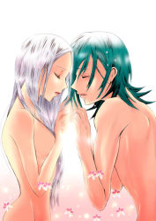 Rule 34 | 00s, 2girls, allelujah haptism, aqua hair, backlighting, breasts, closed eyes, crying, from side, gundam, gundam 00, holding hands, kanna (meronpan1108), leaning forward, lips, long hair, multiple girls, nude, open mouth, profile, sideboob, silver hair, simple background, small breasts, soma peries, tears, upper body, white background, yuri