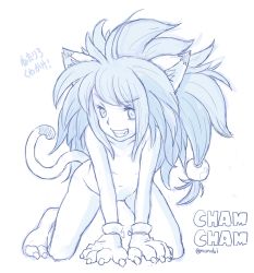 Rule 34 | 1girl, a kun, all fours, animal ears, animal hands, big hair, cat ears, cat tail, cham cham, character name, female focus, flat chest, gloves, grin, long hair, messy hair, monochrome, nude, paw gloves, samurai spirits, smile, solo, tail, twitter username
