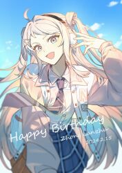 Rule 34 | 1girl, ahoge, blue eyes, blue necktie, blue skirt, blue sky, character name, chinese commentary, commentary, commentary request, dated, diagonal-striped clothes, diagonal-striped necktie, hair ornament, hairclip, happy birthday, headphones, highres, jacket, long hair, long sleeves, looking at viewer, love live!, love live! nijigasaki high school idol club, necktie, open clothes, open jacket, pink hair, plaid, plaid skirt, sidelocks, skirt, sky, solo, striped clothes, upper body, white jacket, xunyu (manyu), zhong lanzhu