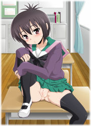 Rule 34 | 1girl, a channel, black hair, blush, censored, classroom, cleft of venus, curtains, desk, highres, ichii tooru, indoors, looking at viewer, mosaic censoring, no panties, on desk, parted lips, pussy, red eyes, ryumage, school, school uniform, serafuku, shoes, short hair, sitting, on desk, skirt, sleeves past wrists, solo, spread legs, sweatdrop, thighhighs, translation request, uwabaki, window