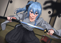 Rule 34 | 1girl, :d, absurdres, blue eyes, blue hair, blurry, collarbone, commentary request, depth of field, dutch angle, highres, holding, holding sword, holding weapon, hololive, hoshimachi suisei, japanese clothes, katana, long hair, looking at viewer, micon, motion blur, open mouth, sheath, silhouette, sliding doors, smile, solo focus, standing, sword, tatami, unsheathing, v-shaped eyebrows, virtual youtuber, weapon