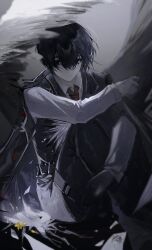 Rule 34 | 1boy, belt, black belt, black eyes, black hair, black pants, black vest, closed mouth, collared shirt, feathered wings, glass shards, highres, limbus company, long sleeves, looking to the side, male focus, necktie, pants, project moon, red necktie, shirt, sitting, solo, sona (lnjixn), thigh strap, vest, white shirt, white wings, wings, yi sang (project moon)