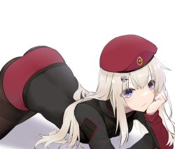 Rule 34 | 1girl, absurdres, ak74m (girls&#039; frontline), beret, black pantyhose, blonde hair, blush, closed mouth, feet out of frame, girls&#039; frontline, hair between eyes, hair ornament, hand on own chin, hat, highres, long hair, looking at viewer, lying, on stomach, pantyhose, purple eyes, russian flag, snowflake hair ornament, solo, tactical clothes, white background, yanagui