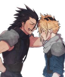 Rule 34 | 2boys, armor, black gloves, black hair, blonde hair, blue shirt, blush, closed eyes, cloud strife, crisis core final fantasy vii, earrings, fang, final fantasy, final fantasy vii, gloves, grey scarf, hair between eyes, hair slicked back, hand in another&#039;s hair, hand on own hip, jewelry, long hair, male focus, multiple boys, profile, scarf, shirt, short hair, shoulder armor, sideburns, single earring, sleeveless, sleeveless turtleneck, sleeves rolled up, smile, spiked hair, suspenders, turtleneck, upper body, white background, yuma (zero), zack fair
