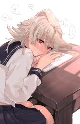 Rule 34 | 1boy, black thighhighs, blue skirt, commentary request, corrin (fire emblem), corrin (male) (fire emblem), cowboy shot, crossdressing, eyelashes, fire emblem, fire emblem fates, heart, highres, leaning on table, long sleeves, male focus, messy hair, nintendo, pleated skirt, red eyes, school uniform, shadow, shiny skin, shirt, silver hair, simple background, skirt, solo, speech bubble, thighhighs, trap, w (1999 kyu), white shirt