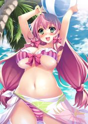 Rule 34 | 10s, 1girl, akashi (kancolle), alternate costume, ball, beachball, bikini, blush, bow, bow bikini, breasts, cameltoe, cleavage, covered erect nipples, curvy, day, female focus, green eyes, hair ribbon, highres, kantai collection, kusano (torisukerabasu), large breasts, long hair, looking at viewer, low twintails, md5 mismatch, navel, open mouth, palm tree, pink bikini, pink bow, pink hair, resolution mismatch, ribbon, sarong, smile, solo, source larger, striped bikini, striped clothes, swimsuit, tree, twintails, underboob, wide hips