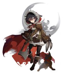 Rule 34 | 1girl, axe, black hair, black pantyhose, blood, bloody weapon, boots, brown coat, bullet, cape, closed mouth, coat, crescent, dog, full body, glowing, glowing eye, highres, holding, holding axe, hood, hood up, hooded cape, jewelry, juliet sleeves, knee pads, long sleeves, looking at viewer, mondlicht (reverse:1999), neck ribbon, necklace, official art, pantyhose, puffy sleeves, red cape, red eyes, red ribbon, reverse:1999, ribbon, shirt, short hair, smoke, solo, standing, tachi-e, third-party source, transparent background, weapon, white shirt