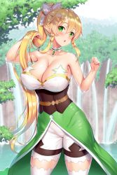 Rule 34 | 1girl, alternate hairstyle, bare shoulders, blonde hair, blush, braid, breasts, choker, cleavage, collarbone, commentary request, day, detached collar, dress, fairy, female focus, green dress, green eyes, hair between eyes, hair ornament, highres, holding, holding hair, kawase seiki, large breasts, leafa, long ears, long hair, looking at viewer, open mouth, outdoors, pointy ears, solo, star (symbol), strapless, strapless dress, sword art online, thighhighs, tree, twin braids, twintails, very long hair, water, waterfall, white thighhighs