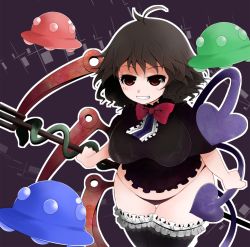 Rule 34 | 1girl, arano oki, asymmetrical wings, black hair, bow, bowtie, breasts, curvy, frilled thighhighs, frills, grin, houjuu nue, impossible clothes, impossible shirt, large breasts, looking at viewer, no pants, plump, polearm, red eyes, shirt, short hair, smile, solo, thigh gap, thighhighs, touhou, trident, ufo, underwear, weapon, wings