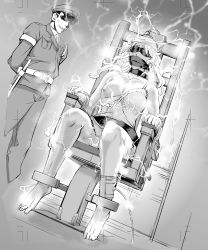 Rule 34 | 1boy, 1girl, arms behind back, bad id, bad pixiv id, baton, belt, blindfold, breasts, breasts out, electric chair, electricity, electrocution, execution, feet, gag, gagged, grin, hat, highres, humiliation, kikuichi monji, long hair, medium breasts, monochrome, nightgown, nipples, pain, peeing, peeing self, peril, prisoner, restrained, ryona, sadism, sitting, smile, standing, stationary restraints, strap