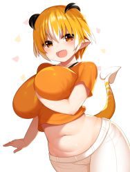 Rule 34 | 1girl, arm between breasts, bare arms, belly, between breasts, blush, breast hold, breasts, cowboy shot, crop top, curvy, demon horns, demon tail, fang, highres, horns, huge breasts, looking at viewer, midriff, mofuaki, navel, open mouth, orange eyes, orange hair, orange shirt, original, plump, pointy ears, shirt, short hair, short sleeves, simple background, smile, solo, tail, white background