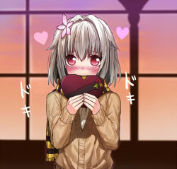 Rule 34 | 1boy, androgynous, bad id, bad twitter id, blush, chocolate, erubo, gift, hair intakes, hair ornament, heart, long sleeves, looking at viewer, male focus, original, red eyes, scarf, silver hair, solo, sweater, trap, valentine, yohane bonaventura