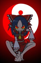 Rule 34 | 1girl, ascot, barefoot, black hair, bow, colored sclera, detached sleeves, evil smile, female focus, full body, hair bow, hair tubes, hakurei reimu, long sleeves, looking at viewer, mzh, red bow, red eyes, red skirt, ribbon-trimmed sleeves, ribbon trim, short hair, sidelocks, sitting, skirt, smile, soles, solo, toes, touhou, vest, yellow sclera