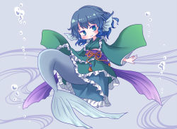 Rule 34 | 1girl, arinu, blue eyes, blue hair, blush, bubble, closed mouth, fins, frilled kimono, frills, full body, green kimono, grey background, head fins, japanese clothes, kimono, long sleeves, looking at viewer, mermaid, monster girl, purple sash, sash, short hair, smile, solo, touhou, wakasagihime, wavy hair, wide sleeves