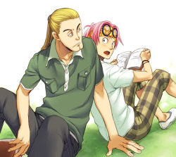Rule 34 | 2boys, back-to-back, blonde hair, book, koby (one piece), glasses, headband, helmeppo, male focus, multiple boys, one piece, open book, pants, pink hair, plaid, plaid pants, ponytail, reading, scar, shirt, sitting, white shirt