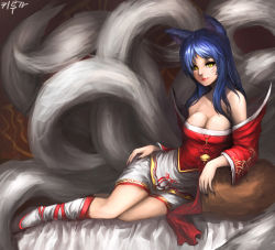 Rule 34 | 1girl, absurdres, ahri (league of legends), animal ears, bad id, bad pixiv id, bare shoulders, blue hair, breasts, cleavage, detached sleeves, facial mark, fingernails, fox ears, fox tail, highres, league of legends, lips, long hair, looking at viewer, lying, multiple tails, on side, signature, solo, tail, whisker markings, yellow eyes, zlfnrk