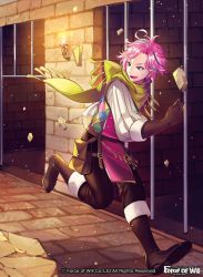 Rule 34 | 1boy, blue eyes, blue hair, boots, candle, company name, fire, force of will, gloves, green eyes, green hair, heterochromia, male focus, matsurika youko, multicolored hair, official art, open mouth, pink hair, prison, rock, scarf, solo