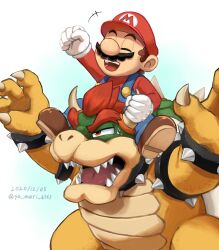 Rule 34 | 2boys, blue overalls, boots, bowser, bracelet, brown footwear, brown hair, closed eyes, collar, facial hair, gloves, hat, highres, horn grab, horns, jewelry, male focus, mario, mario (series), multiple boys, mustache, nintendo, open mouth, overalls, red eyes, red hair, red headwear, red shirt, sharp teeth, shirt, simple background, spiked bracelet, spiked collar, spikes, teeth, upper teeth only, white gloves, ya mari 6363