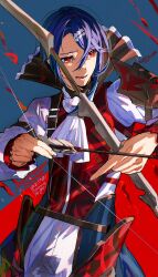 Rule 34 | 1boy, alcryst (fire emblem), arm strap, ascot, asymmetrical bangs, blue hair, bow (weapon), collar, countdown, fire emblem, fire emblem engage, hair ornament, hairclip, highres, holding, holding bow (weapon), holding weapon, long sleeves, mika pikazo, nervous, nintendo, official art, red eyes, short hair, weapon