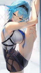 Rule 34 | 1girl, black hairband, blue hair, blue necktie, blurry, blurry background, breasts, commentary request, eula (genshin impact), flexible, genshin impact, hair between eyes, hairband, large breasts, leotard, looking to the side, necktie, parted lips, scottie (phantom2), sidelocks, solo, split, standing, standing on one leg, standing split, stretching, sweat, sweatdrop, thighs, window, yellow eyes