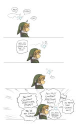 Rule 34 | 1boy, ?, annoyed, blonde hair, blouse, comic, emphasis lines, english text, fairy, fairy wings, flying, gameplay mechanics, green hat, green shirt, hat, karbo, link, navi, nintendo, parody, pointy ears, sheath, sheathed, shirt, sidelocks, simple background, sketch, spoken question mark, starcraft, sword, the legend of zelda, the legend of zelda: ocarina of time, weapon, white background, wings