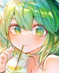 Rule 34 | 1girl, collarbone, commentary request, cup, drinking, green eyes, green hair, green nails, highres, itsumizu, looking at viewer, short hair, smile, soga no tojiko, solo, touhou, upper body