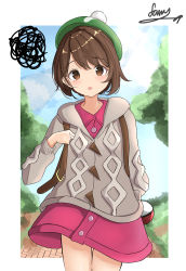 Rule 34 | 1girl, :o, absurdres, blush, bob cut, border, brown eyes, brown hair, buttons, cable knit, cardigan, collared dress, creatures (company), day, dress, farat0827, game freak, gloria (pokemon), green hat, grey cardigan, hat, highres, holding strap, hooded cardigan, long sleeves, looking at viewer, nintendo, open mouth, outdoors, pink dress, pokemon, pokemon swsh, short hair, signature, solo, squiggle, tam o&#039; shanter, white border