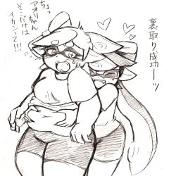 Rule 34 | 2girls, artist request, belly grab, blush, breasts, closed eyes, fangs, fat, inkling player character, medium breasts, monochrome, multiple girls, navel, nintendo, simple background, splatoon (series), thick thighs, thighs, translation request