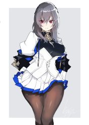 Rule 34 | 1girl, arms behind back, azur lane, black pantyhose, breasts, closed mouth, frown, grey hair, hair between eyes, highres, large breasts, looking at viewer, medium hair, mole, mole under eye, pantyhose, pleated skirt, red eyes, saint-louis (azur lane), shirasu uni, sidelocks, signature, skirt, solo, standing, thick thighs, thighs, white skirt