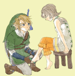 Rule 34 | 1boy, 1girl, anklet, bad id, bad pixiv id, barefoot, blonde hair, blue eyes, brown hair, capri pants, chair, earrings, feet, gloves, hat, holding another&#039;s foot, holding with feet, ilia, jewelry, kneeling, link, nintendo, on one knee, pants, pointy ears, shield, shield on back, short hair, sitting, sword, the legend of zelda, the legend of zelda: twilight princess, weapon, yo mo