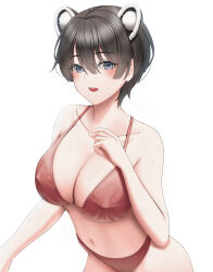Rule 34 | 1girl, absurdres, animal ears, bikini, black hair, blue archive, blush, breasts, cleavage, collarbone, commentary, doenji (auto7233), grey eyes, highres, large breasts, looking at viewer, navel, open mouth, red bikini, short hair, simple background, solo, stomach, sweat, swimsuit, tsubaki (blue archive), white background