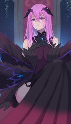 Rule 34 | 1girl, bare shoulders, black dress, black gloves, black leotard, blue eyes, blurry, blurry background, breasts, character request, depth of field, dress, gloves, gucchiann, hair between eyes, hand on own knee, highres, horns, leotard, leotard under clothes, medium breasts, pink hair, pleated dress, princess connect!, sitting, solo