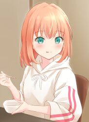 Rule 34 | 1girl, :p, absurdres, alt text, aqua eyes, bowl, brown background, chopsticks, closed mouth, commentary request, crossed bangs, highres, hinoshita kaho, holding, holding bowl, holding chopsticks, hood, hoodie, light blush, link! like! love live!, long sleeves, looking at viewer, love live!, medium hair, on chair, orange hair, sidelocks, sitting, smile, solo, tongue, tongue out, upper body, white hoodie, yutuki ame