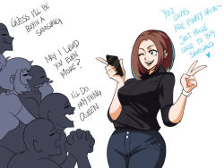 Rule 34 | 2girls, 4boys, :q, ;d, bald, black shirt, blue eyes, breasts, brown hair, cellphone, collared shirt, commentary, cowboy shot, denim, english commentary, english text, highres, holding, holding phone, interlocked fingers, jeans, large breasts, medium hair, multiple boys, multiple girls, one eye closed, open mouth, pants, phone, product girl, samsung, samsung sam, shirt, simple background, smartphone, smile, standing, tina fate, tongue, tongue out, v, watch, white background, wink, wristwatch