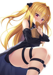 Rule 34 | 1girl, 7fuji 06, absurdres, ass, bare shoulders, black dress, black straps, blonde hair, blush, carrying bag, detached sleeves, dress, eating, food, from below, from side, hair between eyes, hand up, highres, holding, holding food, konjiki no yami, leg strap, legs folded, legs together, long hair, looking at viewer, red eyes, simple background, skindentation, solo, star cutout, takoyaki, thigh strap, thighs, to love-ru, to love-ru darkness, upskirt, very long hair, white background, wide sleeves