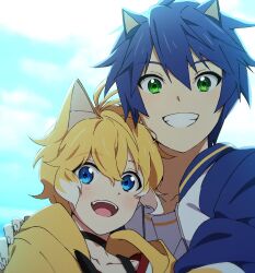 Rule 34 | 2boys, animal ears, banri 0917, blonde hair, blue eyes, blue hair, blue jacket, blush, commentary request, fox boy, fox ears, green eyes, grin, hair between eyes, hand on another&#039;s shoulder, humanization, jacket, korean commentary, looking at viewer, male focus, multiple boys, open mouth, short hair, smile, sonic (series), sonic the hedgehog, tails (sonic), upper body