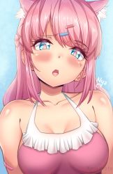 Rule 34 | animal ear fluff, animal ears, bare arms, bare shoulders, bianca abercrombie, blue eyes, blush, braid, breasts, cat ears, cleavage, clinic of horrors, collarbone, commentary, english commentary, hair ornament, highres, kaptivate, long hair, medium breasts, open mouth, pink eyes, pink hair, pink one-piece swimsuit, swimsuit, upper body