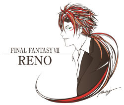 Rule 34 | 1990s (style), 1boy, artist name, bad id, bad pixiv id, collared shirt, copyright name, final fantasy, final fantasy vii, limited palette, long hair, male focus, parted lips, ponytail, red hair, reno (ff7), retro artstyle, shirt, signature, simple background, solo, upper body, very long hair, white background, yamamoto naoki (bassman naoki)