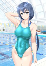Rule 34 | 1girl, absurdres, ahoge, aqua one-piece swimsuit, arm behind head, blue hair, breasts, collarbone, commentary request, competition swimsuit, covered navel, cowboy shot, green eyes, highleg, highleg swimsuit, highres, indoors, large breasts, long hair, low ponytail, one-piece swimsuit, pool, poolside, setouchi chie, solo, standing, string of flags, swimsuit, takafumi, toji no miko, two-tone swimsuit, variant set