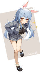 Rule 34 | 1girl, animal ear fluff, animal ears, blue hair, blush, bow, bowtie, brat (brabrabrat00), brown bow, brown bowtie, brown footwear, character name, closed mouth, commentary request, footwear bow, full body, green jacket, grey skirt, highres, hololive, jacket, long hair, long sleeves, open clothes, open jacket, plaid, plaid jacket, plaid skirt, rabbit ears, red eyes, shirt, shoes, short eyebrows, skirt, socks, solo, sparkle, standing, standing on one leg, thick eyebrows, usada pekora, very long hair, virtual youtuber, white shirt, white socks