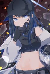 Rule 34 | 1girl, absurdres, baseball cap, belt, black hair, black pants, blue archive, blue eyes, blunt bangs, broken glass, bullet hole, coat, colored inner hair, commentary request, explosion, glass, halo, hat, highres, kokolokokomika, long hair, long sleeves, looking at viewer, mask, unworn mask, mouth mask, multicolored hair, navel, open clothes, open coat, pants, saori (blue archive), shoulder belt, sidelocks, sleeveless, solo, stomach, two-tone hair