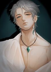 Rule 34 | 1boy, abs, alhaitham (genshin impact), alternate costume, aqua eyes, closed mouth, earrings, genshin impact, green hair, grey hair, hair between eyes, highres, jewelry, male focus, multicolored hair, muscular, muscular male, necklace, nokkusuart, open clothes, open shirt, short hair, solo