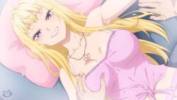 Rule 34 | 1girl, ahoge, bare shoulders, blonde hair, blue eyes, breasts, breasts apart, collarbone, dosanko gal wa namaramenkoi, fuyuki minami, grabbing, grabbing another&#039;s breast, grin, interior, jewelry, keihh, large breasts, long hair, looking at viewer, lying, necklace, on back, paid reward available, pillow, pink shirt, pov, pov hands, shirt, signature, smile, solo focus, spaghetti strap, tied shirt, upper body, yellow eyes