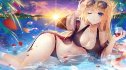 Rule 34 | 1girl, absurdres, alcohol, arm up, bad id, bad pixiv id, bare shoulders, bikini, black bikini, blonde hair, blue eyes, blurry, blurry foreground, blush, breasts, brown jacket, cleavage, cloud, cloudy sky, commentary request, cup, cupping glass, depth of field, drinking glass, ecu8080, eyewear lift, hair between eyes, highres, huge filesize, jacket, large breasts, long hair, long sleeves, looking at viewer, lying, mountain, navel, ocean, off shoulder, on side, one eye closed, open clothes, open jacket, original, outdoors, parted lips, petals, shallow water, sky, solo, sunlight, sunset, swimsuit, very long hair, water, water drop, wide sleeves, wine, wine glass