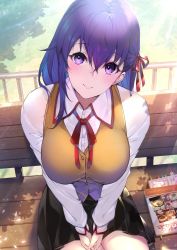Rule 34 | 1girl, bench, black skirt, blush, breasts, brown vest, closed mouth, fate/stay night, fate (series), hair between eyes, hair ribbon, highres, homurahara academy school uniform, kakage, large breasts, long hair, long sleeves, looking at viewer, matou sakura, neck ribbon, purple eyes, purple hair, red ribbon, ribbon, school uniform, shirt, sitting, skirt, smile, solo, sunlight, thighs, vest, white shirt