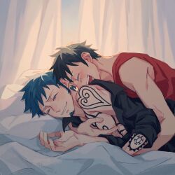 Rule 34 | 2boys, arm tattoo, bed, bed sheet, black hair, black shirt, blush, chest tattoo, closed eyes, commentary request, couple, curtains, demorzel, earrings, facial hair, facial scar, goatee, grabbing, highres, hug, indoors, jewelry, lying, male focus, monkey d. luffy, multiple boys, one piece, open mouth, pectoral grab, pillow, scar, scar on cheek, scar on face, shirt, short hair, shoulder tattoo, smile, tattoo, teeth, trafalgar law, yaoi