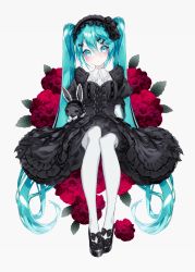 Rule 34 | 1055, 1girl, absurdres, black bow, black dress, black footwear, black hairband, blue eyes, blue hair, bow, commentary, dress, flower, footwear bow, gothic lolita, hair between eyes, hair bow, hairband, hatsune miku, highres, invisible chair, leaf, lolita fashion, lolita hairband, long hair, pantyhose, pink pupils, red flower, shoes, sidelocks, simple background, sitting, solo, stuffed animal, stuffed rabbit, stuffed toy, twintails, very long hair, vocaloid, white background