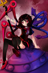 Rule 34 | 1girl, arm support, bad id, bad pixiv id, baraen, black hair, black thighhighs, dress, fangs, female focus, full body, gradient background, houjuu nue, looking at viewer, no panties, open mouth, polearm, red eyes, short hair, sitting, sitting on object, smile, snake, solo, spear, thighhighs, touhou, trident, ufo, weapon, wings, zettai ryouiki