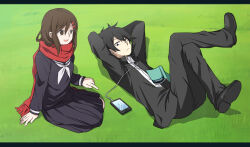 Rule 34 | 1boy, 1girl, arm support, arms behind head, black eyes, black footwear, black hair, black jacket, black pants, black sailor collar, black serafuku, black skirt, book, brown eyes, brown hair, closed mouth, collared jacket, collared shirt, commentary, day, digital media player, earphones, english text, enpera, fringe trim, from above, full body, gakuran, grass, hair between eyes, hair ornament, hairclip, highres, index finger raised, jacket, kagerou project, kisaragi shintarou, legs up, letterboxed, long sleeves, looking ahead, looking to the side, lying, math, mekakucity actors, nakadachi (neutral0745649), neckerchief, official style, on back, on grass, open book, open clothes, open jacket, open mouth, outdoors, pants, pleated skirt, pointing, red scarf, sailor collar, scarf, school uniform, serafuku, shadow, shirt, shoes, short hair, sidelocks, sitting, skirt, sleeve cuffs, smile, tateyama ayano, textbook, unbuttoned jacket, upside-down book, white neckerchief, white shirt