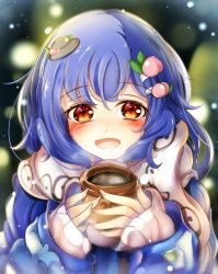 Rule 34 | alternate costume, black hat, blue hair, coat, coffee, food, food-themed hair ornament, fruit, hair ornament, hat, highres, hinanawi tenshi, kana (user rkuc4823), long hair, object on head, open mouth, peach, peach hair ornament, red eyes, smile, snow, solo, touhou, winter